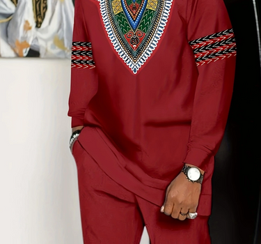 Dashiki African Traditional Ethnic Printed Men's Red Set