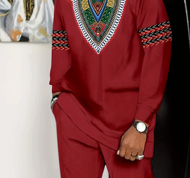 Plus Size African Dashiki Ethnic Printed Red Men's Set