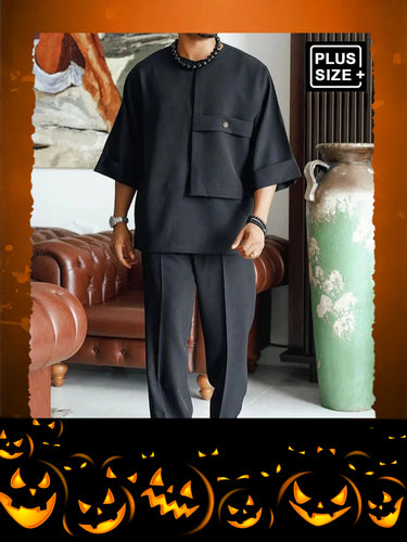 TACOHEAL Plus Size New Black Round Neck Men's Pants Set