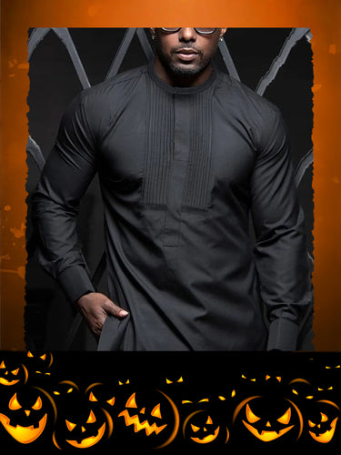TACOHEAL African Long Sleeve Black Pleated Design Men's Set