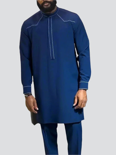 TACOHEAL African Band Collar Men's Blue Embroidered 2PC Set