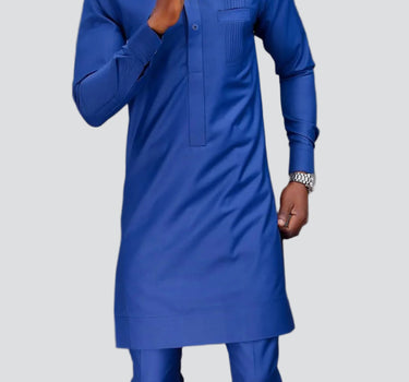 Plus Size Casual Plain Blue Pleated Long Sleeve Men's Set