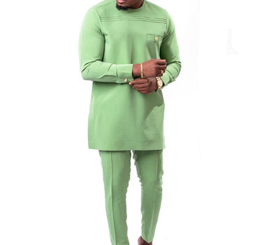 Casual Green Plain Long Sleeve Men's Set