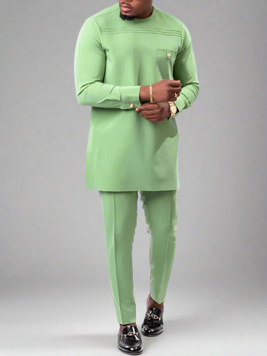 TACOHEAL Casual Green Plain Long Sleeve Men's Set