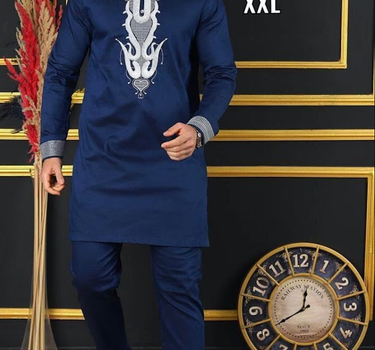 Plus Size African Dashiki Embroidered Blue Men's Set