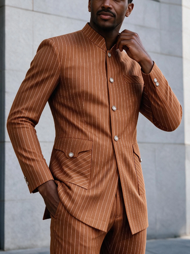 TACOHEAL Striped Print Mandarin Collar Long Sleeve Men's Set